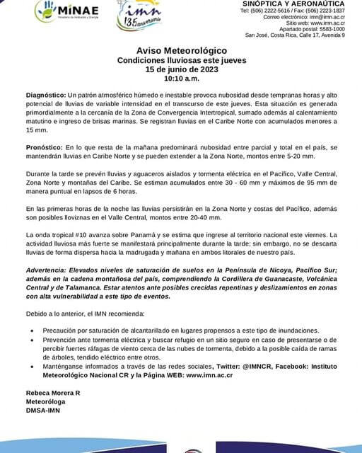 Aviso del Instituto Metereologico Nacional