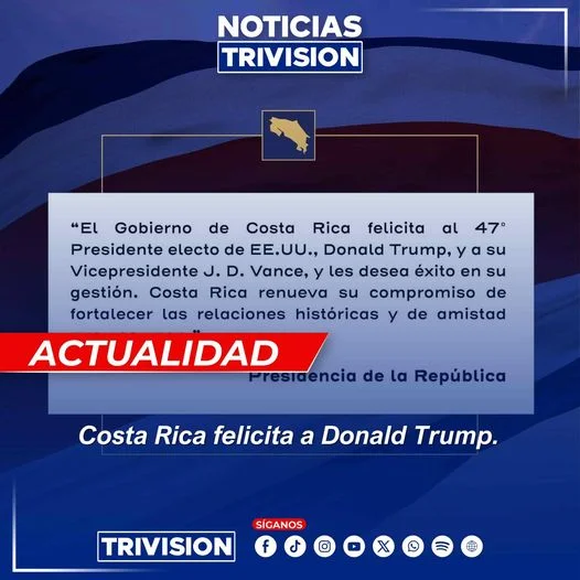 Costa Rica felicita a Donald Trump y Vance por victoria en elecciones de EE. UU.