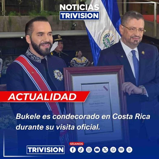 Costa Rica otorga a Bukele la "Orden Nacional Juan Mora Fernández" por su lucha contra la criminalidad