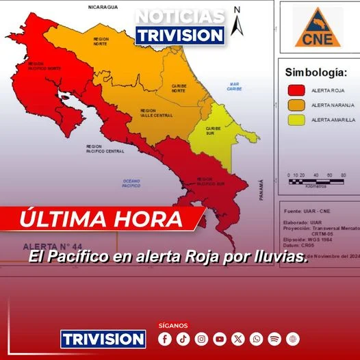 CNE eleva a Alerta Roja la Vertiente del Pacífico ante intensas lluvias