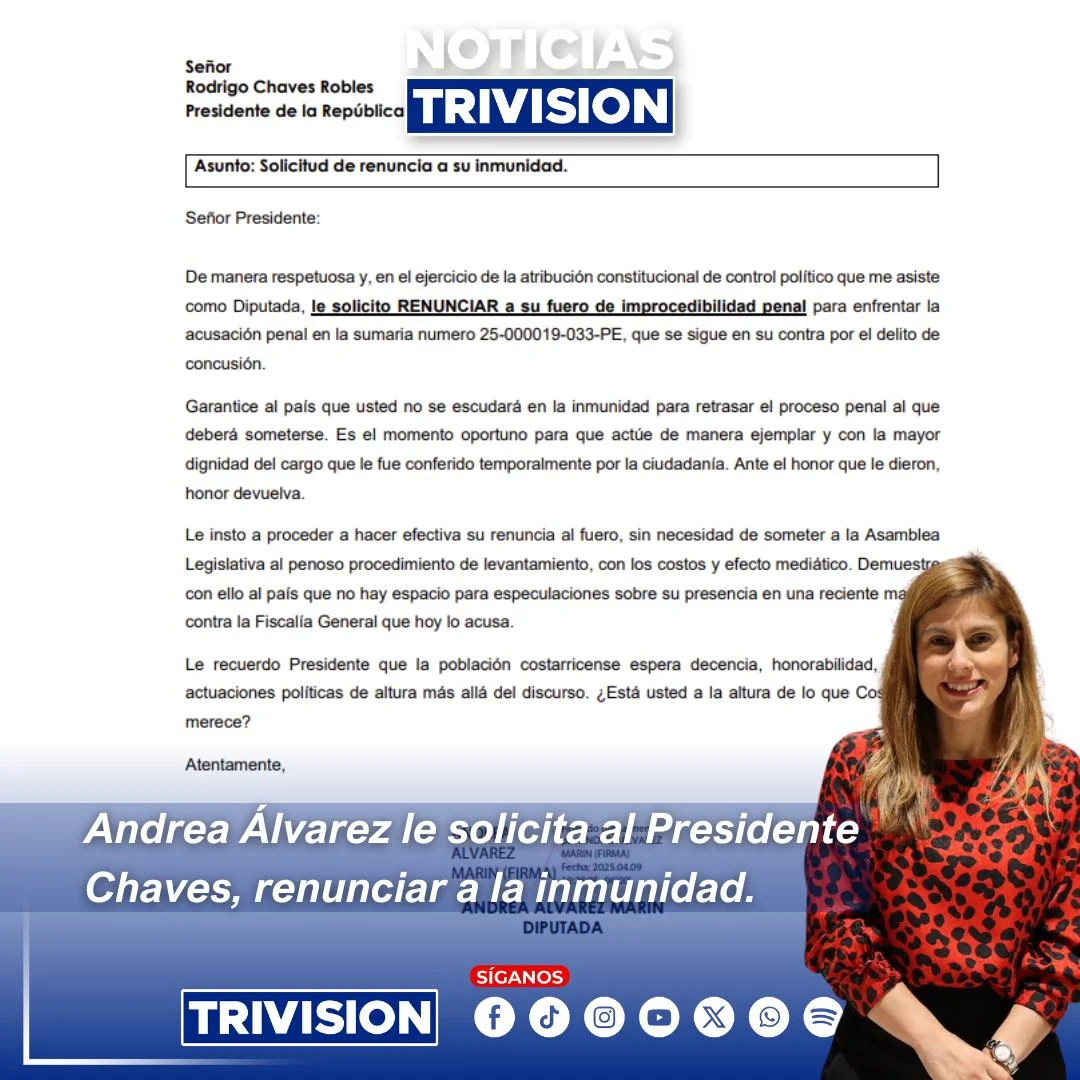 Andrea Álvarez pide al presidente Chaves renunciar a su inmunidad